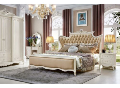 Conjunto de dormitorio clásico rococó de 3 piezas. Mesitas de noche Cama cuero Madera maciza.