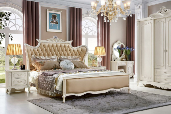 Conjunto de dormitorio clásico rococó de 3 piezas. Mesitas de noche Cama cuero Madera maciza.