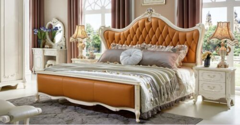 Camas Cama de cuero Conjunto de 3 piezas 2x Mesita de noche de dormitorio Consola de madera maciza