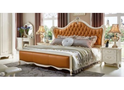 Camas Cama de cuero Conjunto de 3 piezas 2x Mesita de noche de dormitorio Consola de madera maciza