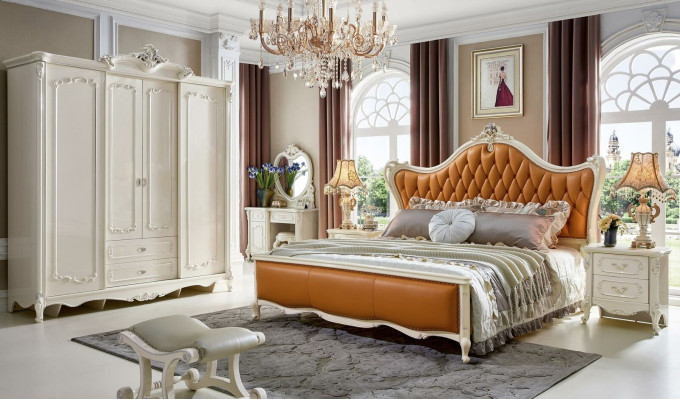 Camas Cama de cuero Conjunto de 3 piezas 2x Mesita de noche de dormitorio Consola de madera maciza