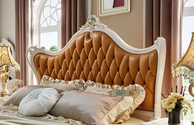 Camas Cama de cuero Conjunto de 3 piezas 2x Mesita de noche de dormitorio Consola de madera maciza