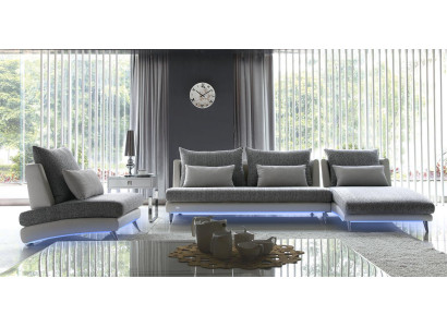 Sofá esquinero moderno de diseño, conjunto de sofá tapizado de tela de 155x390 cm.