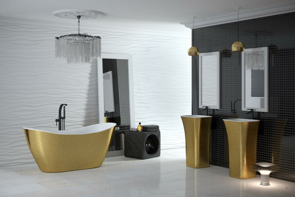 Baño dorado de diseñador. Bañera de lujo independiente en oro.