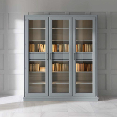 Armario de libros gris con puertas de cristal - Elegante solución de almacenamiento para su colección de libros.