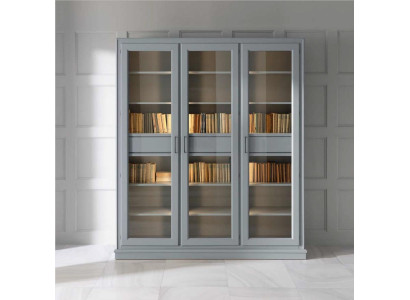 Armario de libros gris con puertas de cristal - Elegante solución de almacenamiento para su colección de libros.