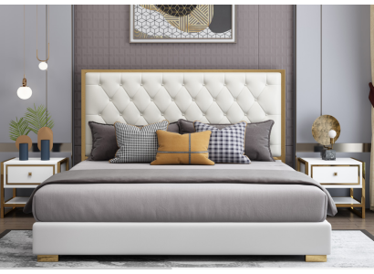 Cama de diseñador para dormitorio de hotel de cuero de lujo con marco de cama acolchado.