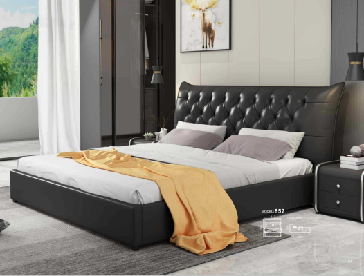 Cama doble de diseñador en cuero de lujo para hotel.