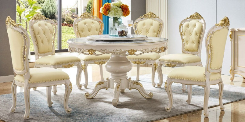 Clásicas sillas Chesterfield blanco-beige. Sillas elegantes para el comedor, juego de 6 piezas.