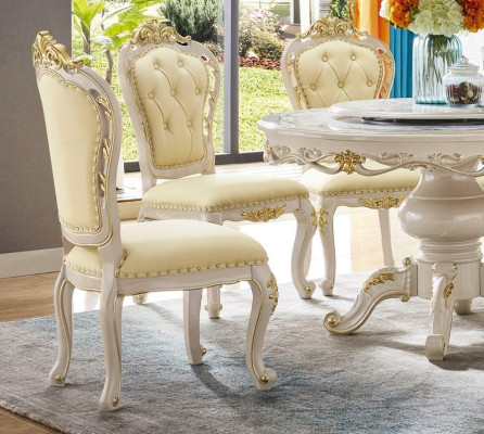 Clásicas sillas Chesterfield blanco-beige. Sillas elegantes para el comedor, juego de 6 piezas.