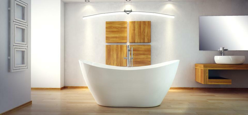 Exclusiva bañera independiente de acrílico con diseño de desagüe para baño y ducha.