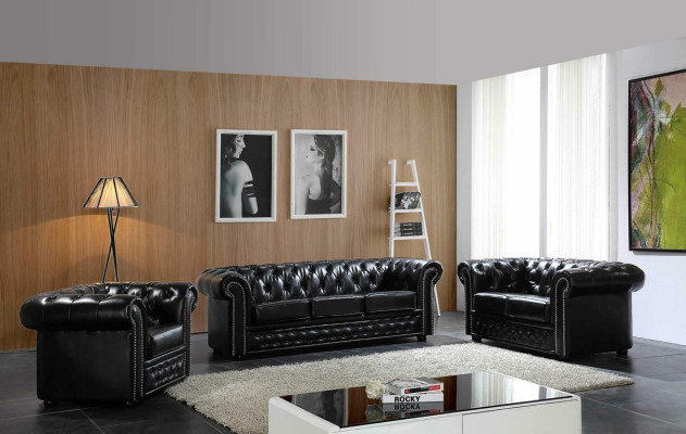 Chesterfield Sofá de cuero Sofá Sofá Tapizado Juego de asientos Tapizado 3+2 plazas