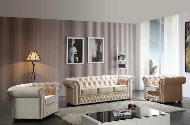 Chesterfield Sofá de cuero Sofá Sofá Tapizado Juego de asientos Tapizado 3+2 plazas