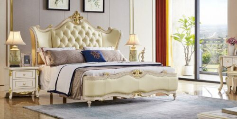 Chesterfield cama mesita de noche conjunto de 3 piezas Camas Dormitorio Cuero Madera maciza
