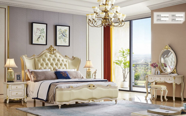 Chesterfield cama mesita de noche conjunto de 3 piezas Camas Dormitorio Cuero Madera maciza