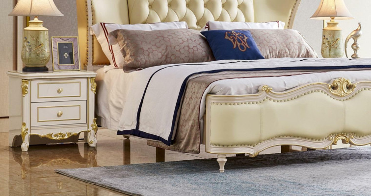 Chesterfield cama mesita de noche conjunto de 3 piezas Camas Dormitorio Cuero Madera maciza