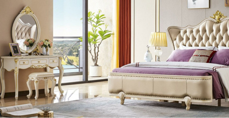 Conjunto de dormitorio de 3 piezas en estilo Chesterfield de madera maciza con cama, muebles y mesita de noche.