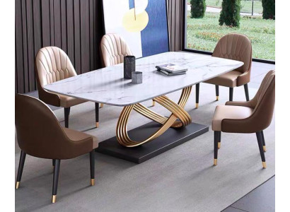 Mesa de lujo de metal Mesa de comedor Mega Diseño Tablas de acero inoxidable de imitación de mármol Mesa de comedor