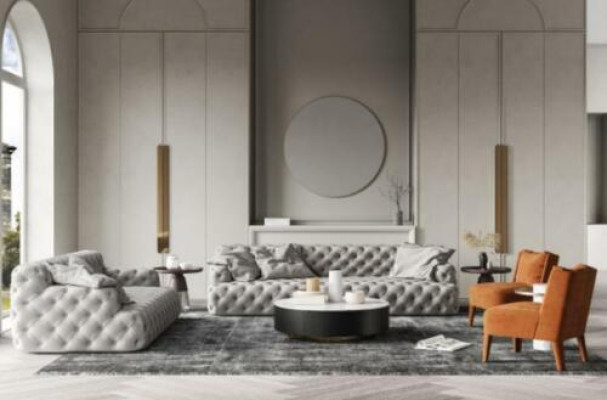 Conjunto de sofás de cuero de 3 plazas + 2 plazas. Sofá Chesterfield de diseño para salón.