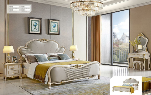 Muebles clásicos Conjunto de lujo de cama de 3 piezas x2 mesillas de noche de madera maciza para dormitorio.