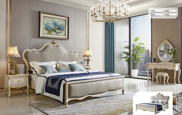 Conjunto de cama de 3 piezas x2 mesitas de noche Dormitorio de lujo Camas clásicas de madera maciza.