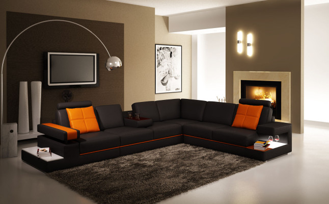 Moderno sofá esquinero de sala de estar, sofá de cuero con iluminación.