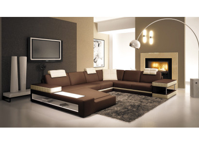 Gran sofá de cuero XXL en forma de U con asientos acolchados, conjunto de sofás de cuero.