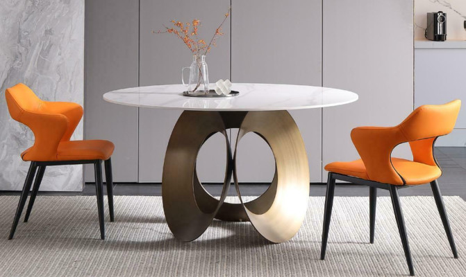 Mesa de comedor moderna de acero inoxidable para sala de estar y cocina. Mesas de diseño de metal.