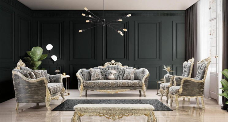 Juego de sala clásico de diseño textil con sofá de 3 plazas + 1 y mesa de centro.