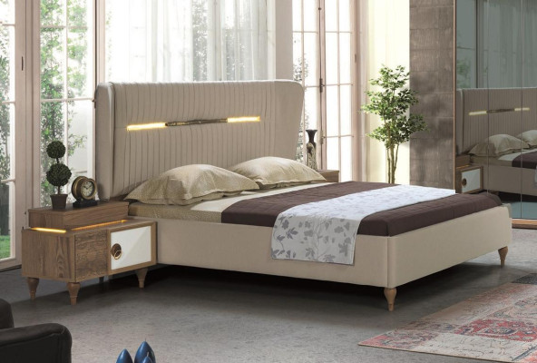 Conjunto de dormitorio Cama 2x Mesitas de noche 5 piezas Diseño Textil Madera Armario
