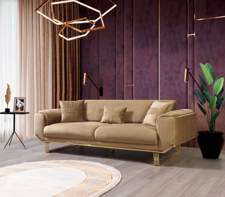Sofás de sala de estar de 3 plazas, diseño de sofá de lujo textil beige.