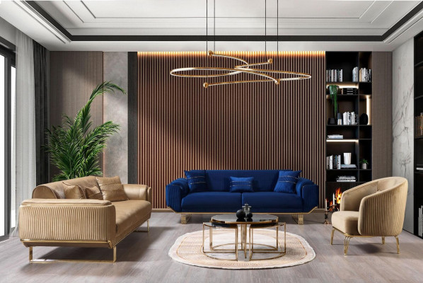Sofás de sala de estar de 3 plazas, diseño de sofá de lujo textil beige.