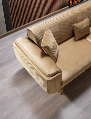 Sofás de sala de estar de 3 plazas, diseño de sofá de lujo textil beige.