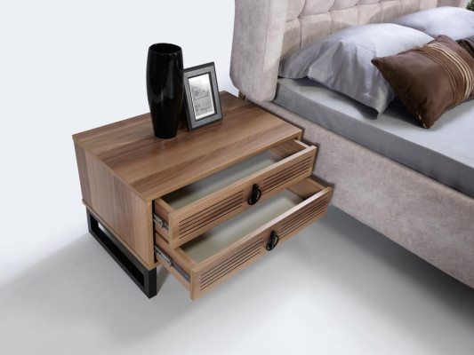 Diseño de mesita de noche de madera con metal de lujo para dormitorio.