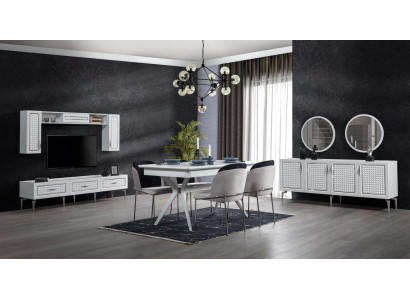Juego de comedor con mesa, 4 sillas, aparador, 2 espejos y pared de estar de 11 piezas.