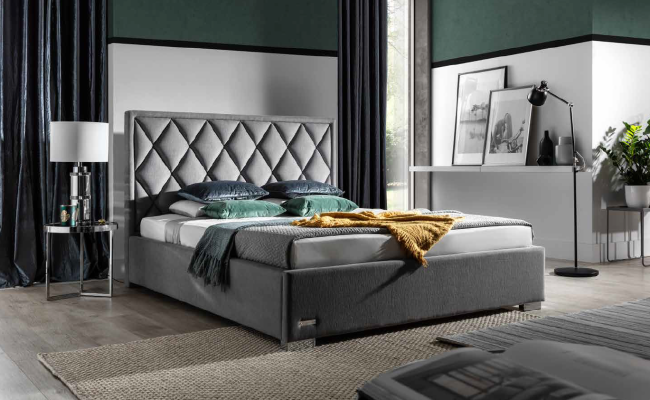 Cama de diseñador, ropa de cama, cuero, hotel de lujo, tapizado, tela.