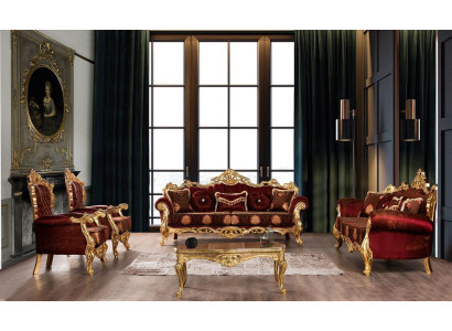 Juego de sofás rojo Burdeos, sofá dorado, muebles clásicos, mesa de 5 piezas.