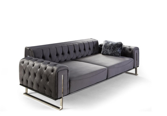Sofá Chesterfield de lujo de 3 plazas en gris, tapizado de tela.