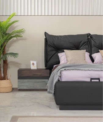 Juego de cama doble con mesitas de noche para dormitorio en negro, conjunto de 6 piezas.