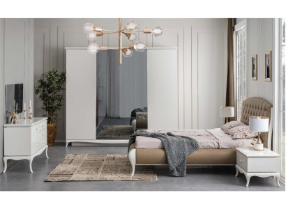 Grupo de dormitorio con cama doble, marco de cama, juego de cama de 6 piezas en blanco.