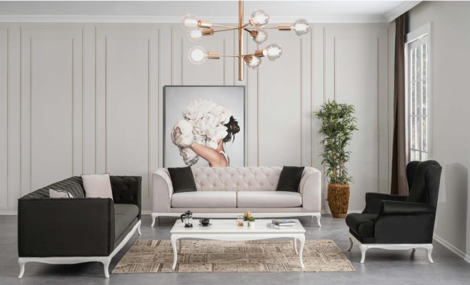 Conjunto completo de sofás Chesterfield tapizados de 3 piezas en tela de color negro.