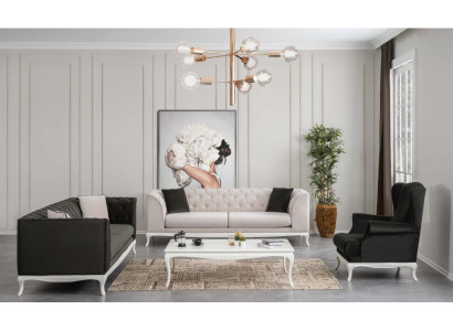 Conjunto completo de sofás Chesterfield tapizados de 3 piezas en tela de color negro.