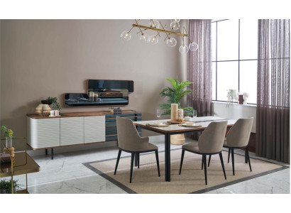Juego de comedor de madera blanco de 7 piezas.