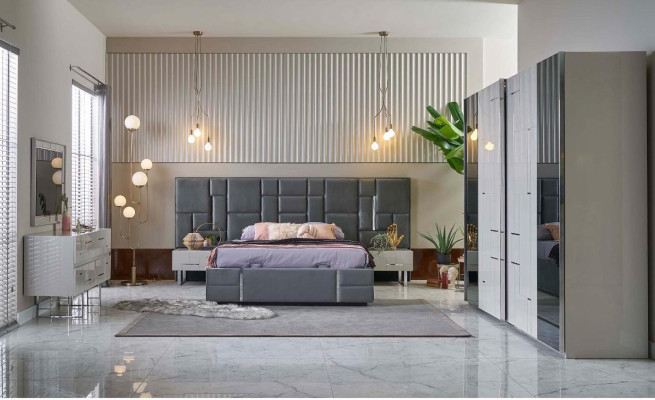 Cama matrimonial Marco de cama Dormitorio Gris Madera Conjunto de 6 piezas Armario