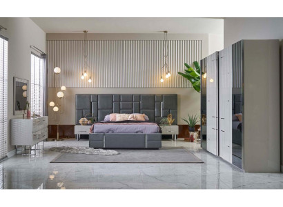 Cama matrimonial Marco de cama Dormitorio Gris Madera Conjunto de 6 piezas Armario