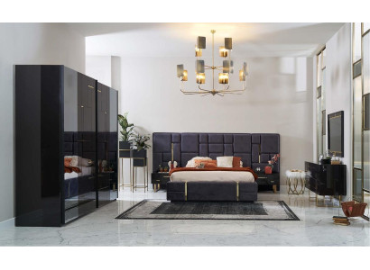 Cama doble de lujo Marco de cama de madera Conjunto de dormitorio 6 piezas Diseño negro