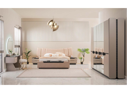 Cama doble Juego completo de dormitorio moderno beige de 6 piezas Armario