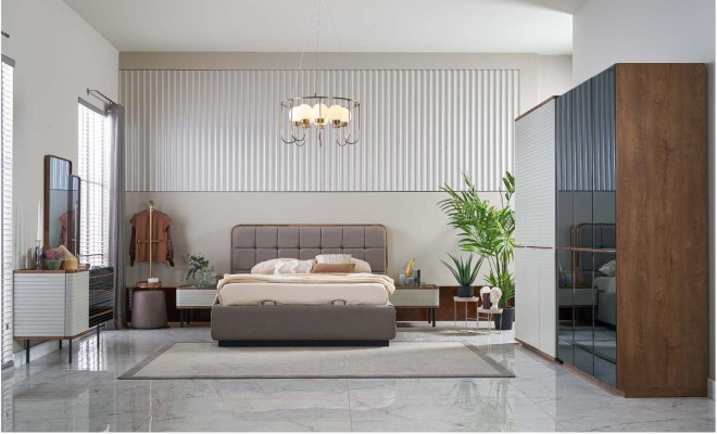 Juego de dormitorio moderno de 7 piezas con cama doble completa de madera marrón.