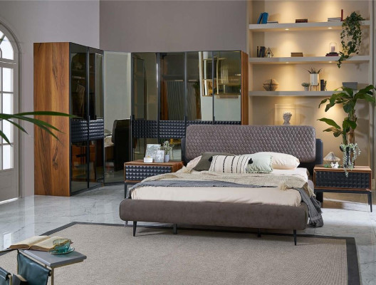 Diseño de cama dormitorio cama doble Marco de cama de madera marrón Juego de 4 piezas