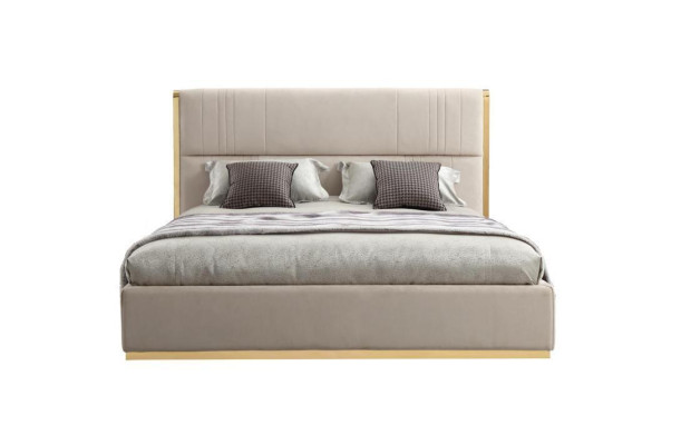 Muebles de cama beige, muebles de dormitorio, camas de diseño, muebles de lujo, madera moderna nueva.